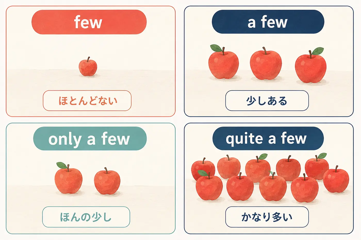 fewとa fewとonly a fewとquite a fewの数量感の違いを示す図解