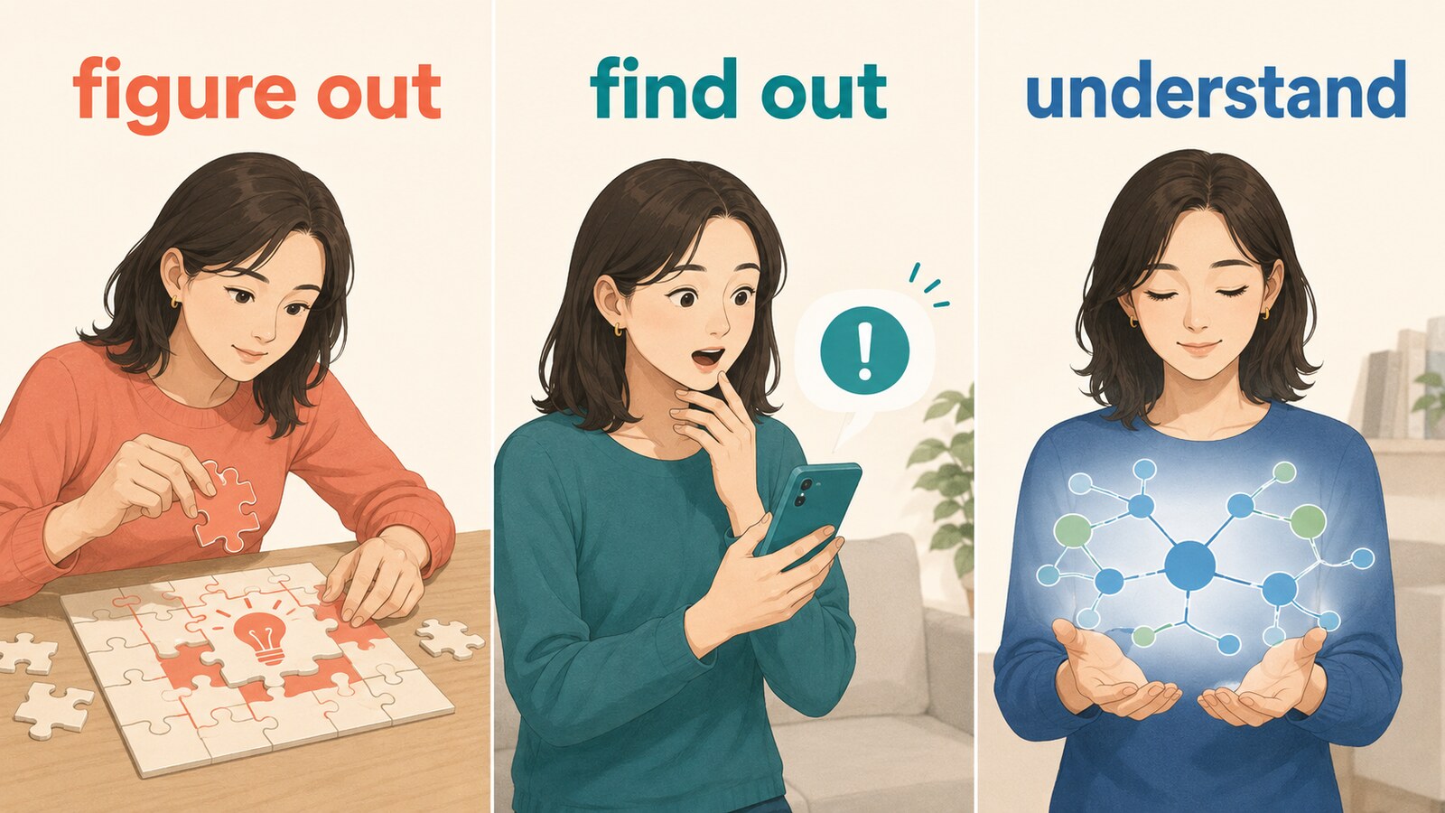 figure out・find out・understandの違いを3つの場面で比較した図解