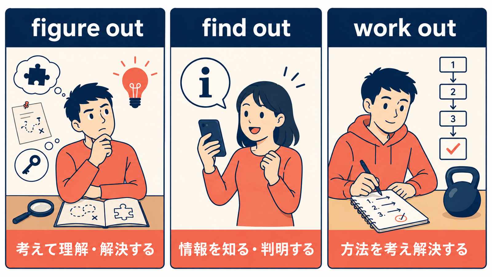 figure outは考えて理解・解決、find outは情報を知る、work outは方法を考えて解決することを示す比較図