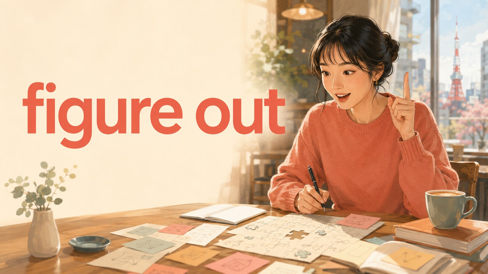 figure outの意味をパズルの答えを考えて見つける場面として表したイラスト