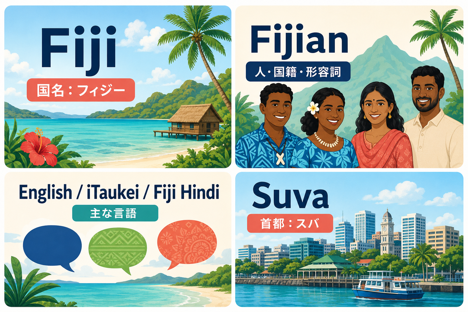 Fiji、Fijian、English・iTaukei・Fiji Hindi、Suvaの違いを示す図
