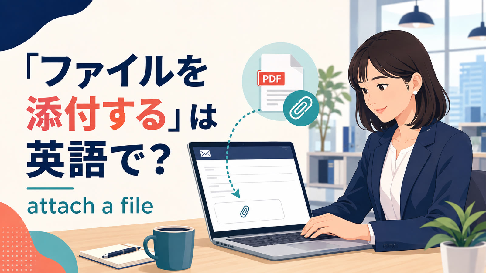「ファイルを添付する」は英語でattach a fileと表すことを解説するアイキャッチ画像