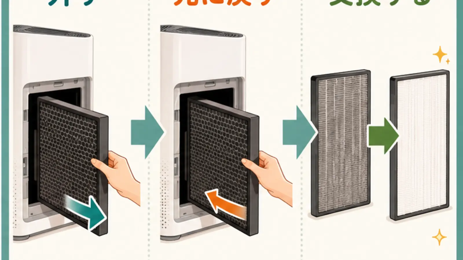 take the filter out・put the filter back in・replace the filterの違いを示す図解