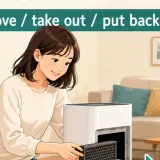 空気清浄機からフィルターを外す女性とremove・take out・put backの英語表現
