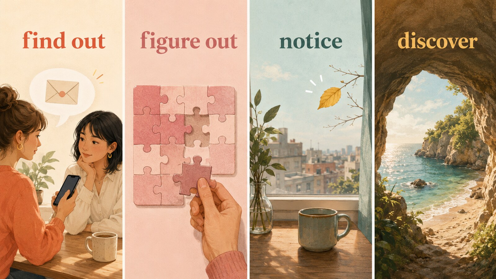 find out・figure out・notice・discoverの違いを示す比較イラスト