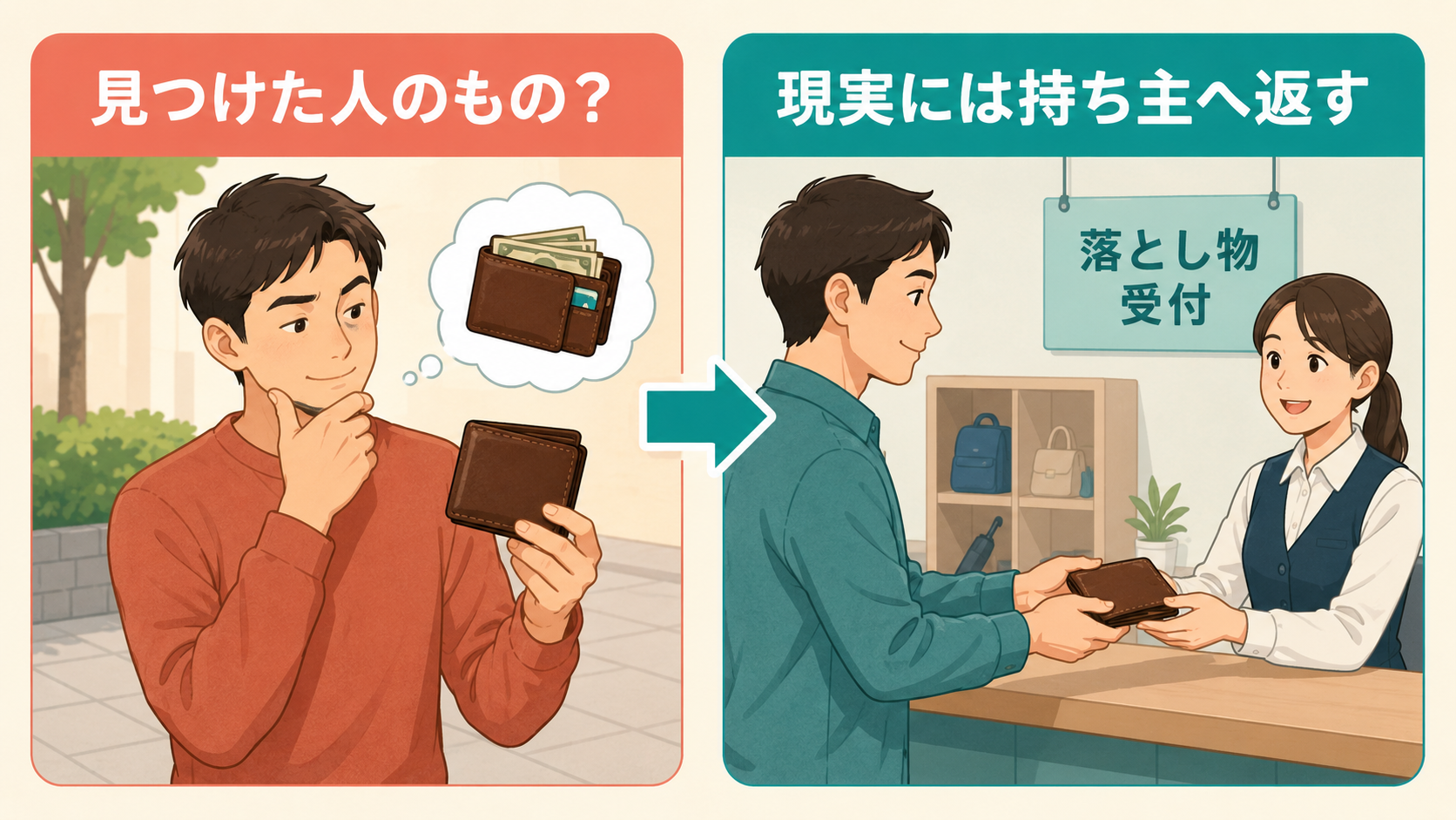 見つけた人のものという発想と持ち主へ返す行動の比較図