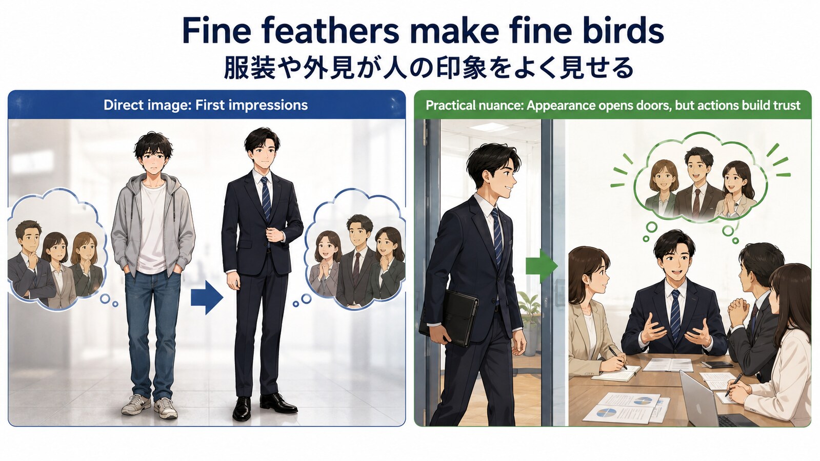 Fine feathers make fine birdsの直訳と実際のニュアンスを図解