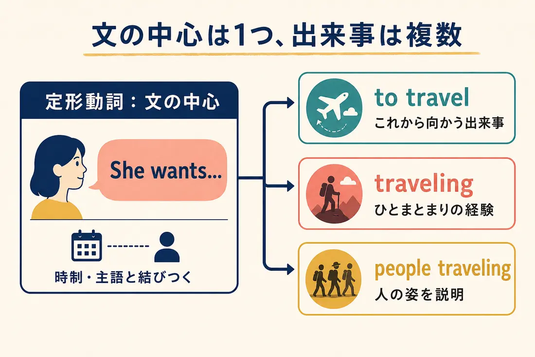 定形動詞とto不定詞・動名詞・分詞の役割の違いを示す図解