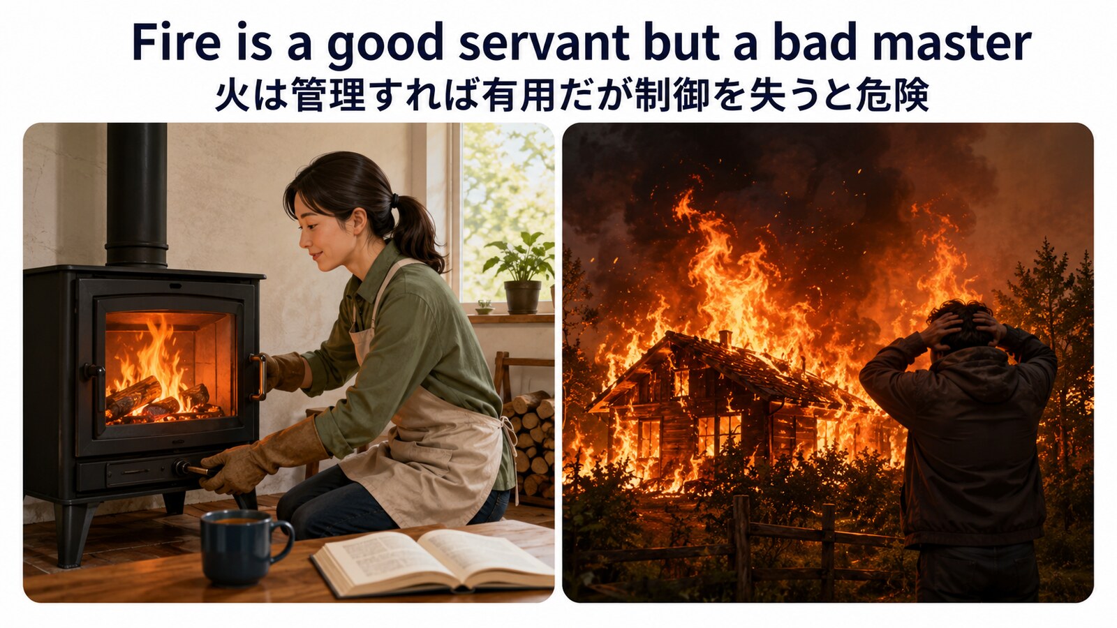 Fire is a good servant but a bad masterの考え方を示す解説イラスト