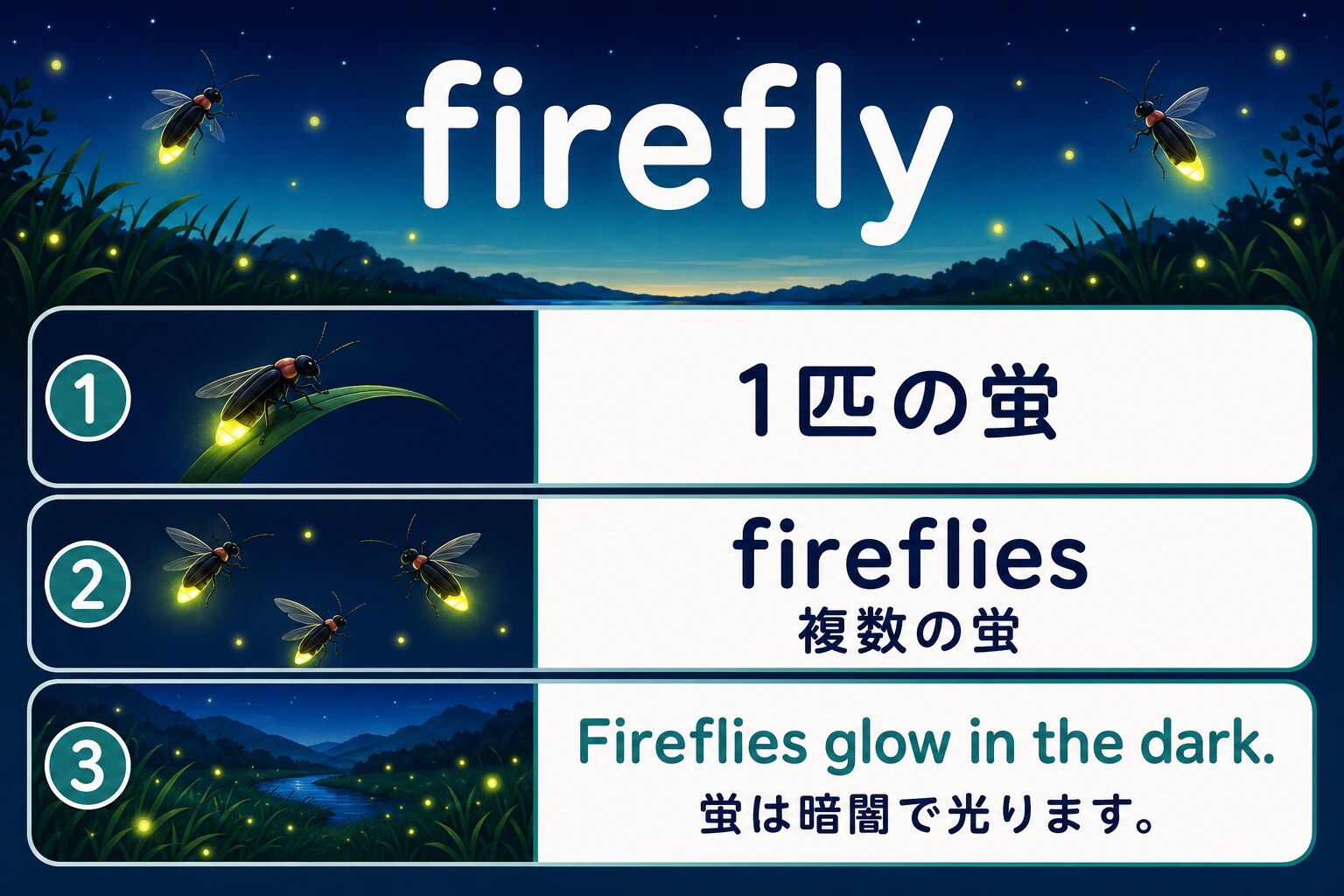 fireflyの複数形firefliesと英語例文