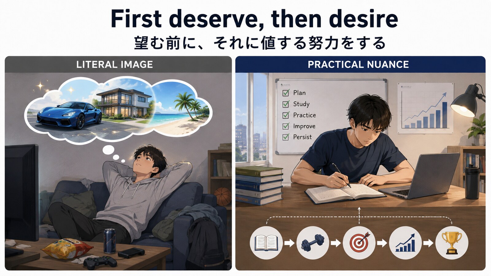 First deserve, then desireの考え方を示す解説イラスト