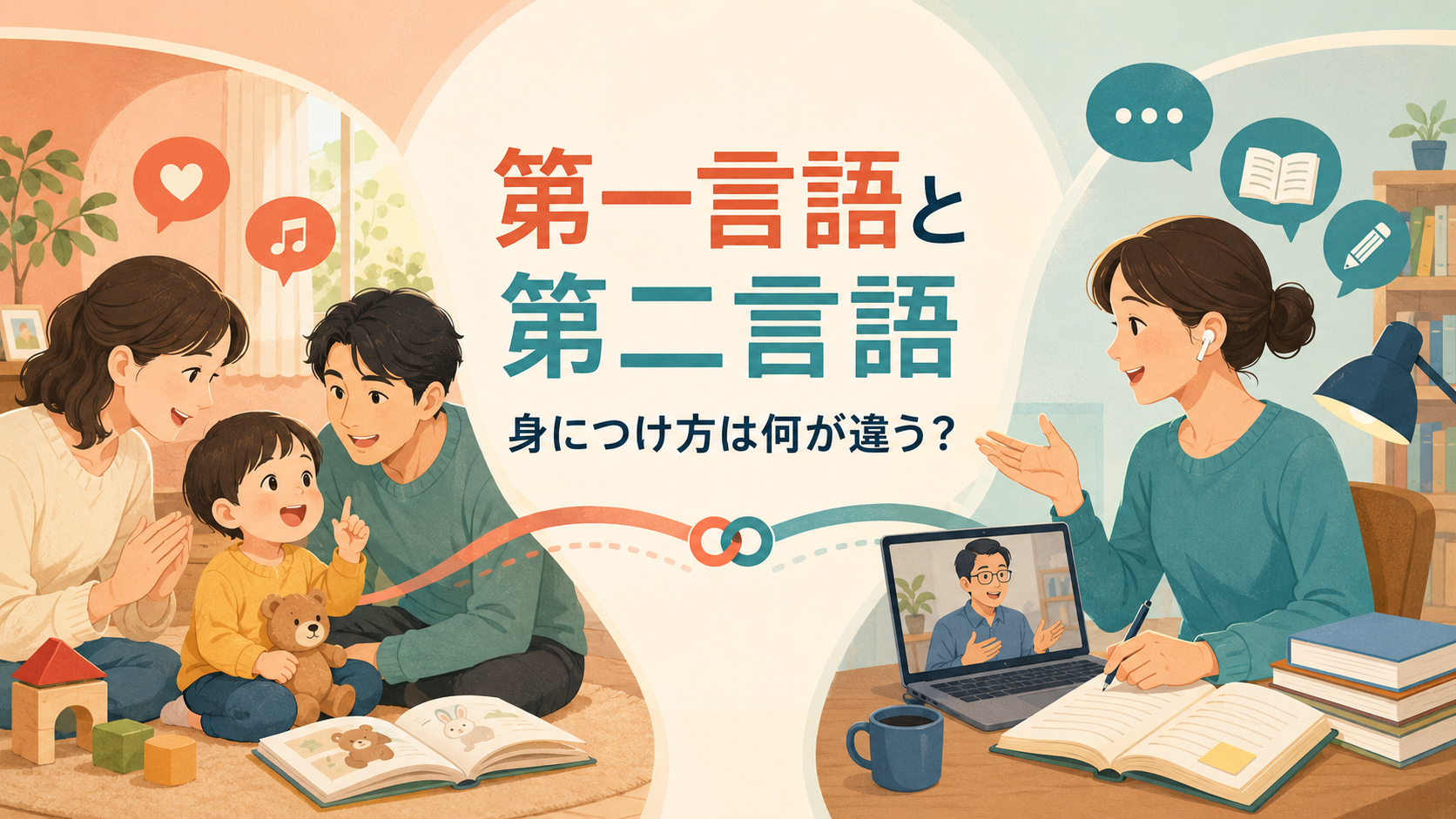 第一言語と第二言語の身につけ方の違いを示すイラスト