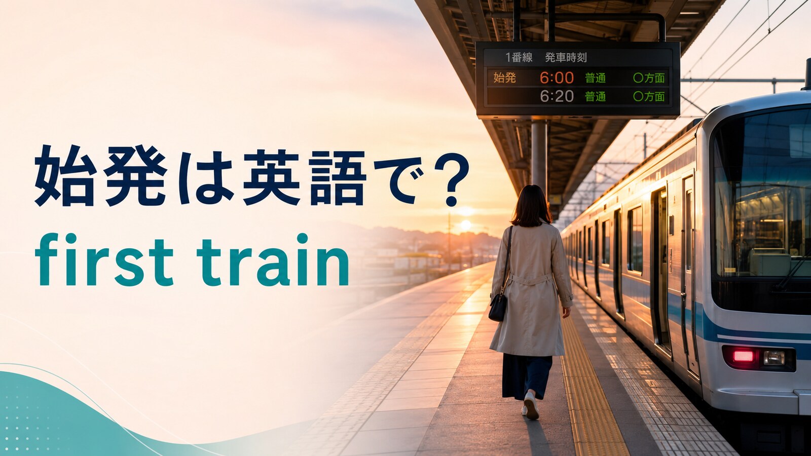 始発は英語でfirst trainと解説する朝焼けの駅ホームのアイキャッチ