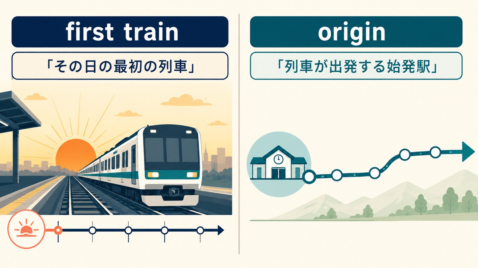 first trainはその日の最初の列車、originは列車が出発する始発駅を示す比較図