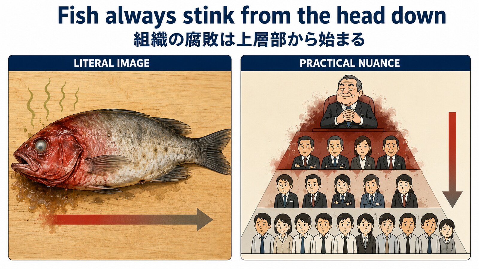 Fish always stink from the head downの考え方を示す解説イラスト