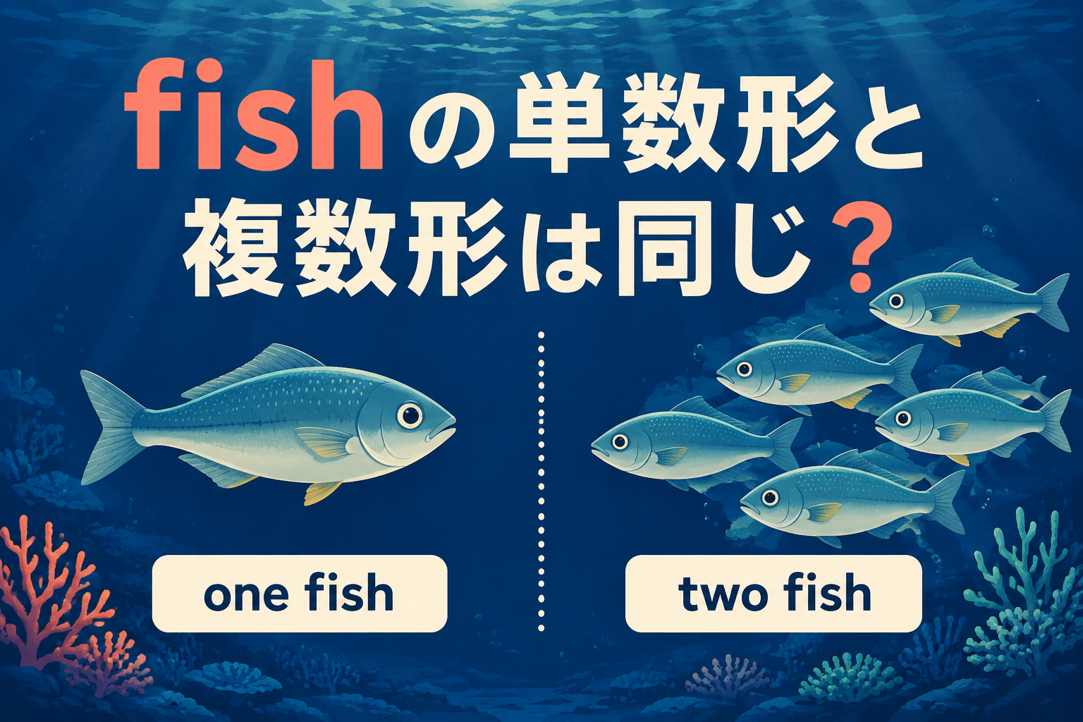 1匹の魚と複数の魚を比べ、one fishとtwo fishを示した図