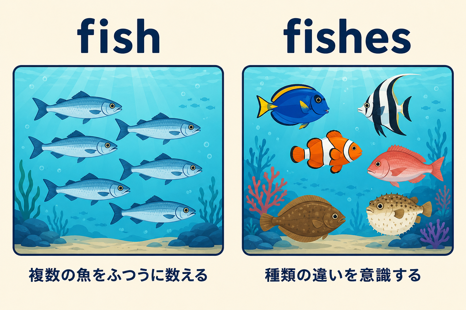 fishは複数の魚、fishesは魚の種類の違いを意識することを示す図
