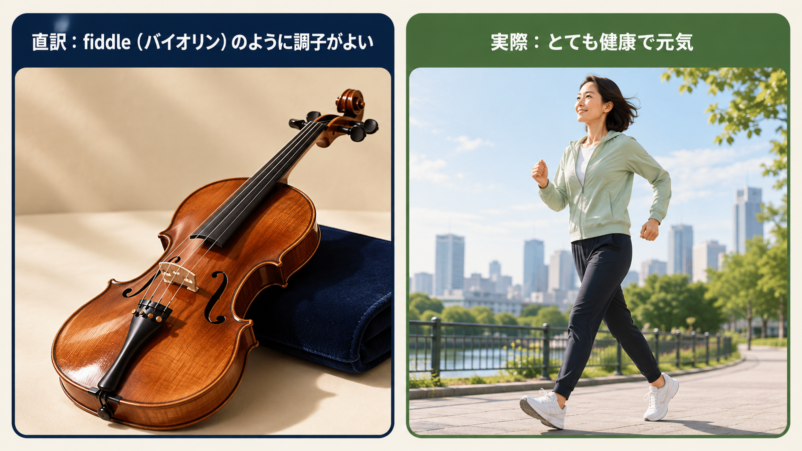 fit as a fiddleの直訳「バイオリンのように調子がよい」と実際の意味「とても健康で元気」の比較