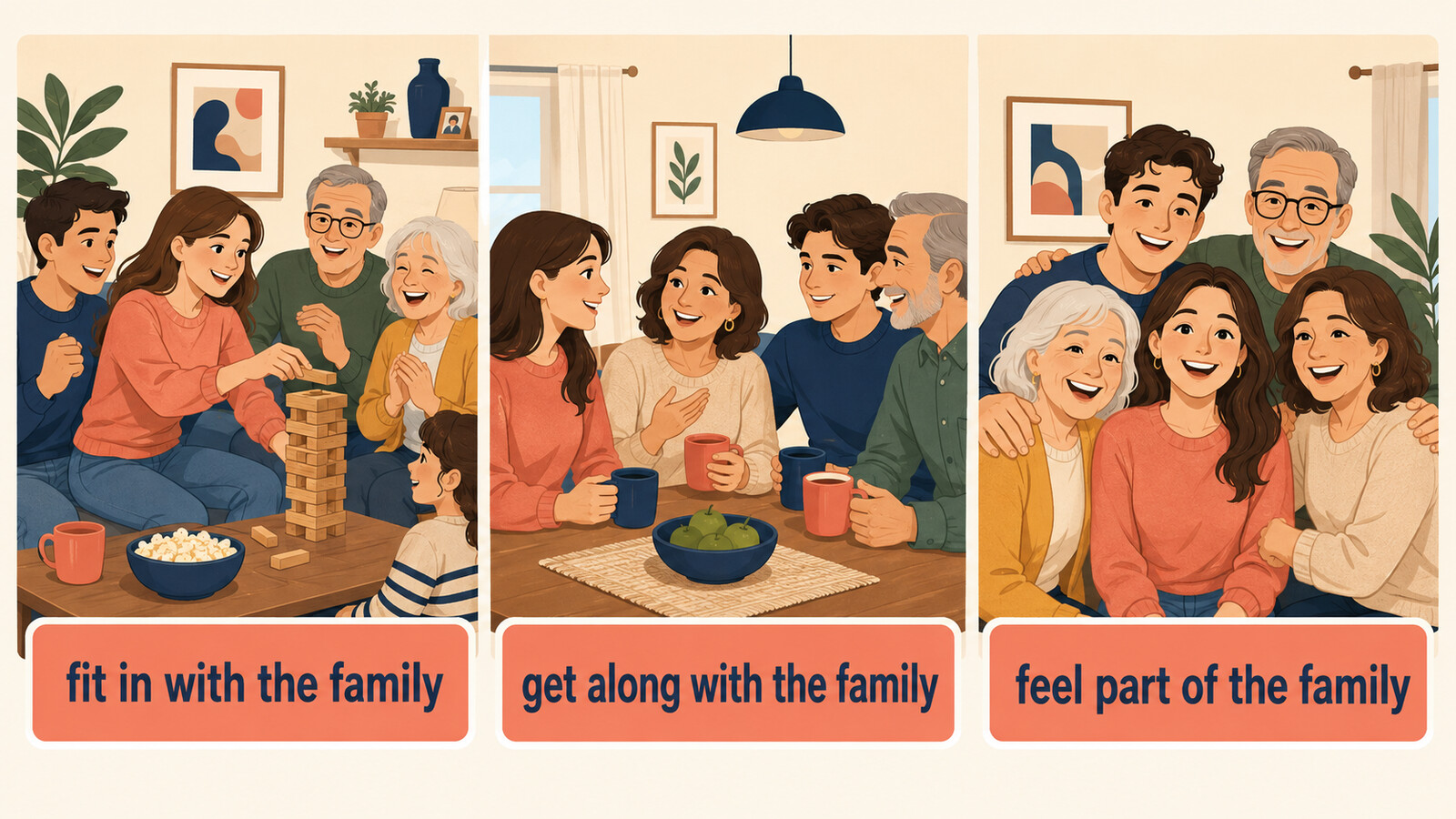 fit in with・get along with・feel part of the familyの違いを示すイラスト