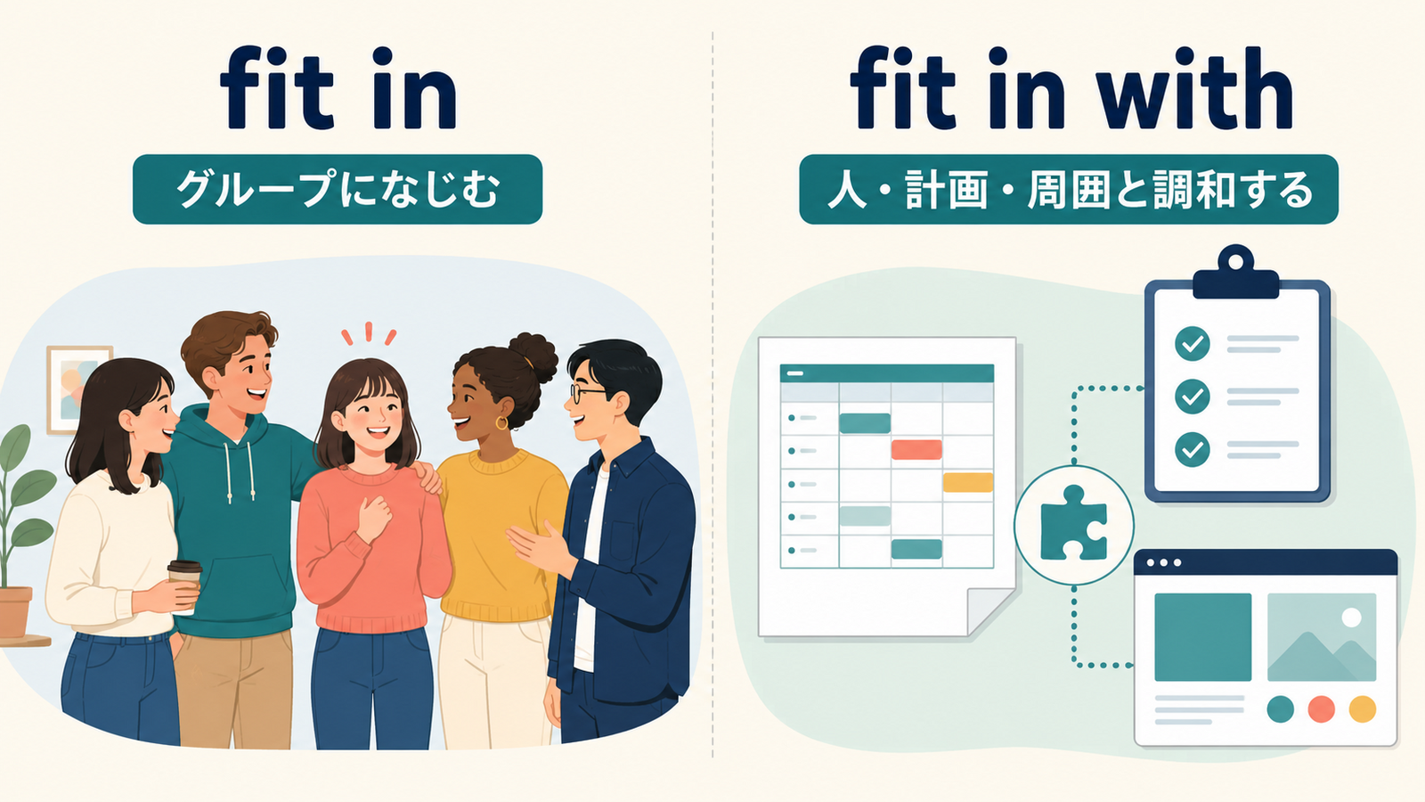 fit inはグループになじむ、fit in withは人・計画・周囲と調和するという違い