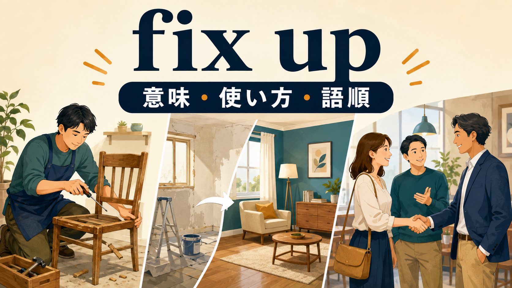 fix upの意味は？「修理・改装・手配・紹介」の使い方、語順とfixとの違い