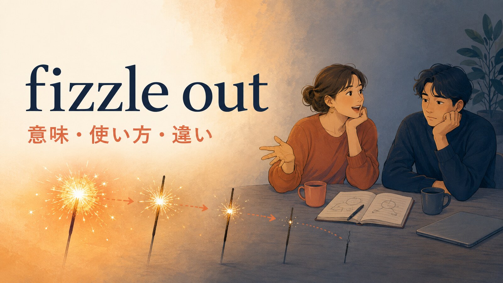 明るい火花が徐々に消えてfizzle outするイメージを示すアイキャッチ画像