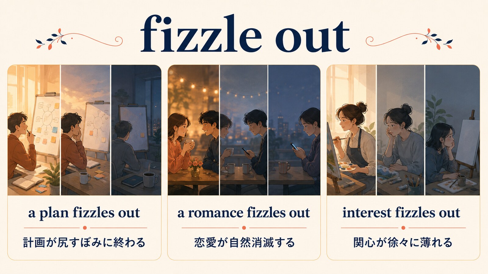 計画・恋愛・関心が徐々に勢いを失いfizzle outする場面を比較した解説イラスト