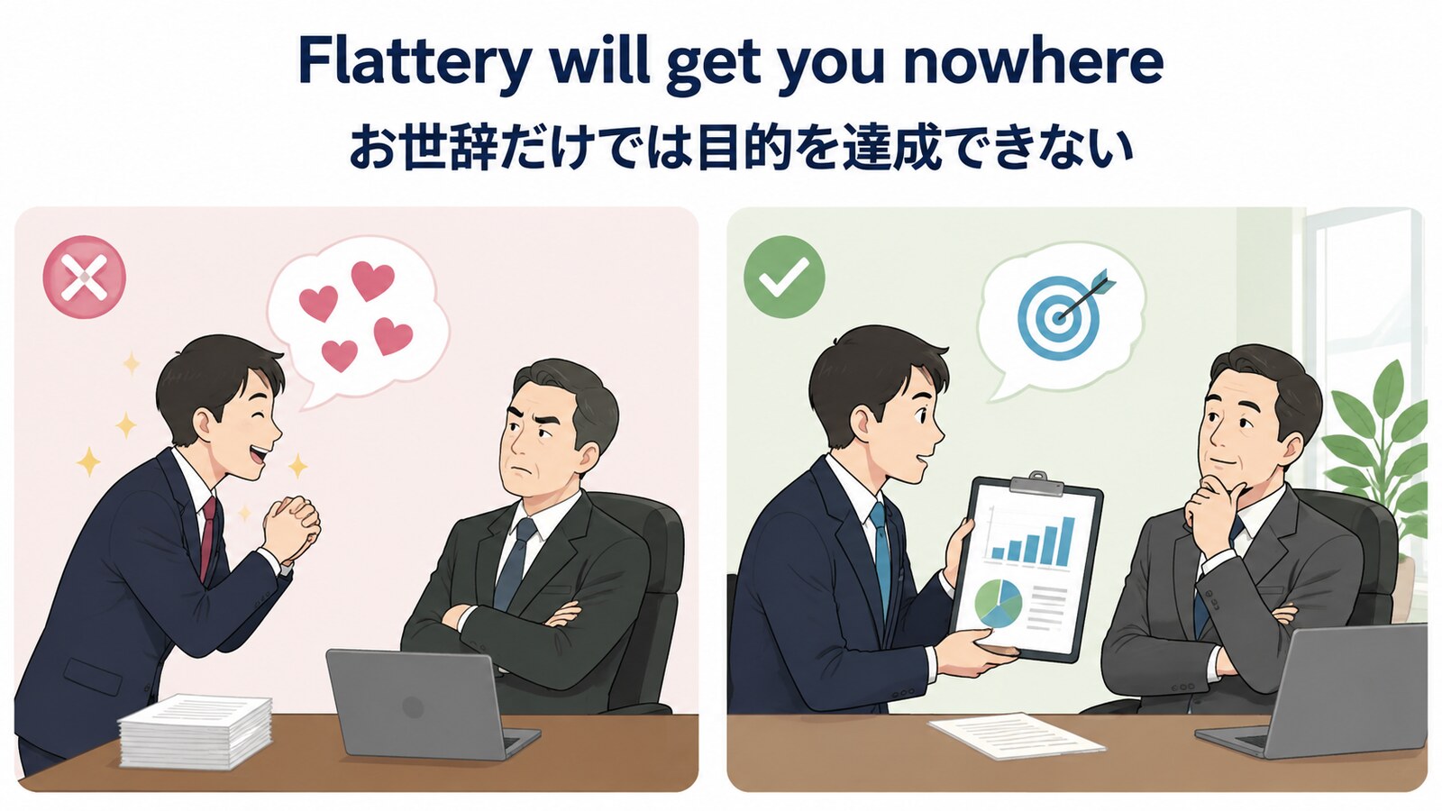 Flattery will get you nowhereの考え方を示す解説イラスト