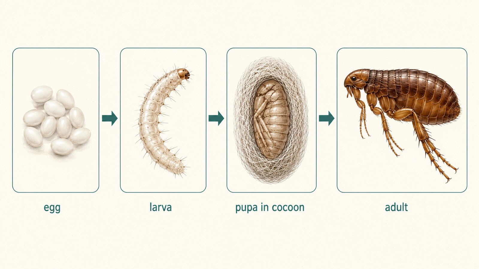 ノミの完全変態：卵、幼虫、繭の中の蛹、成虫