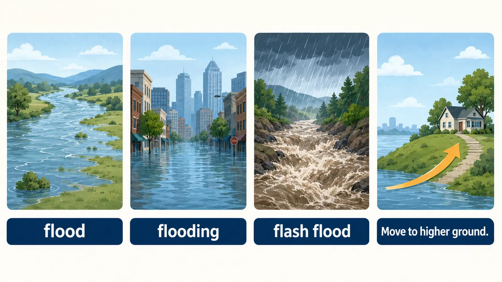 flood・flooding・flash floodと高い場所への避難を示す英語図解