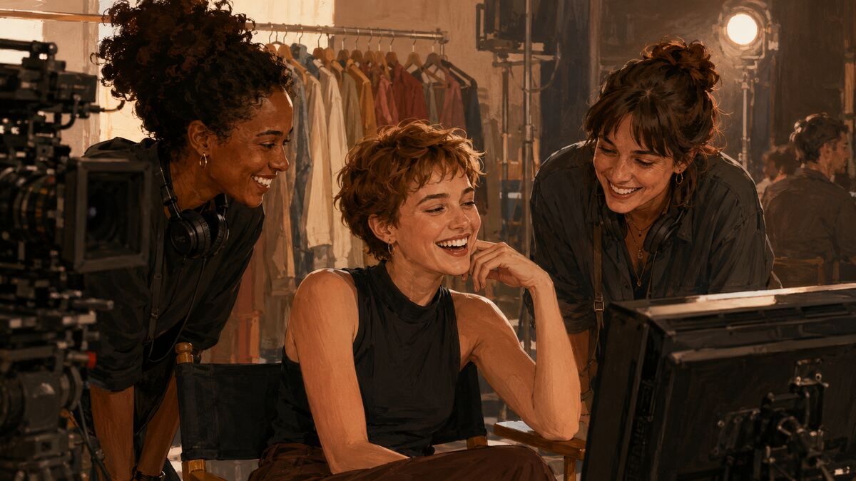 映画の撮影現場で女性スタッフと笑い合う若手俳優のイラスト