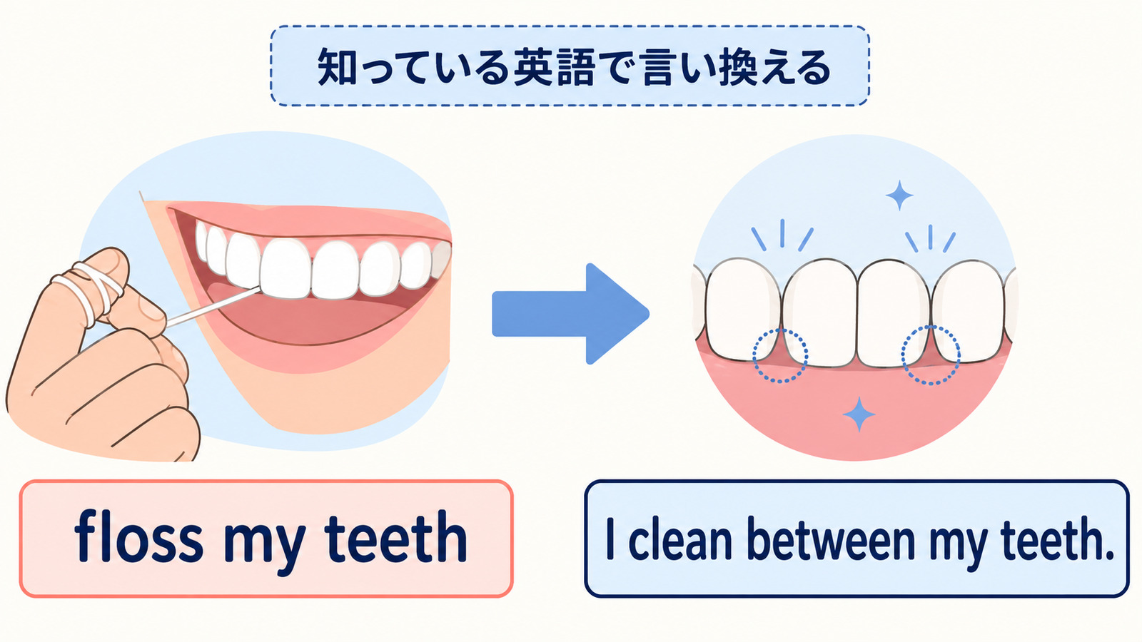 floss my teethをI clean between my teeth.と言い換える図