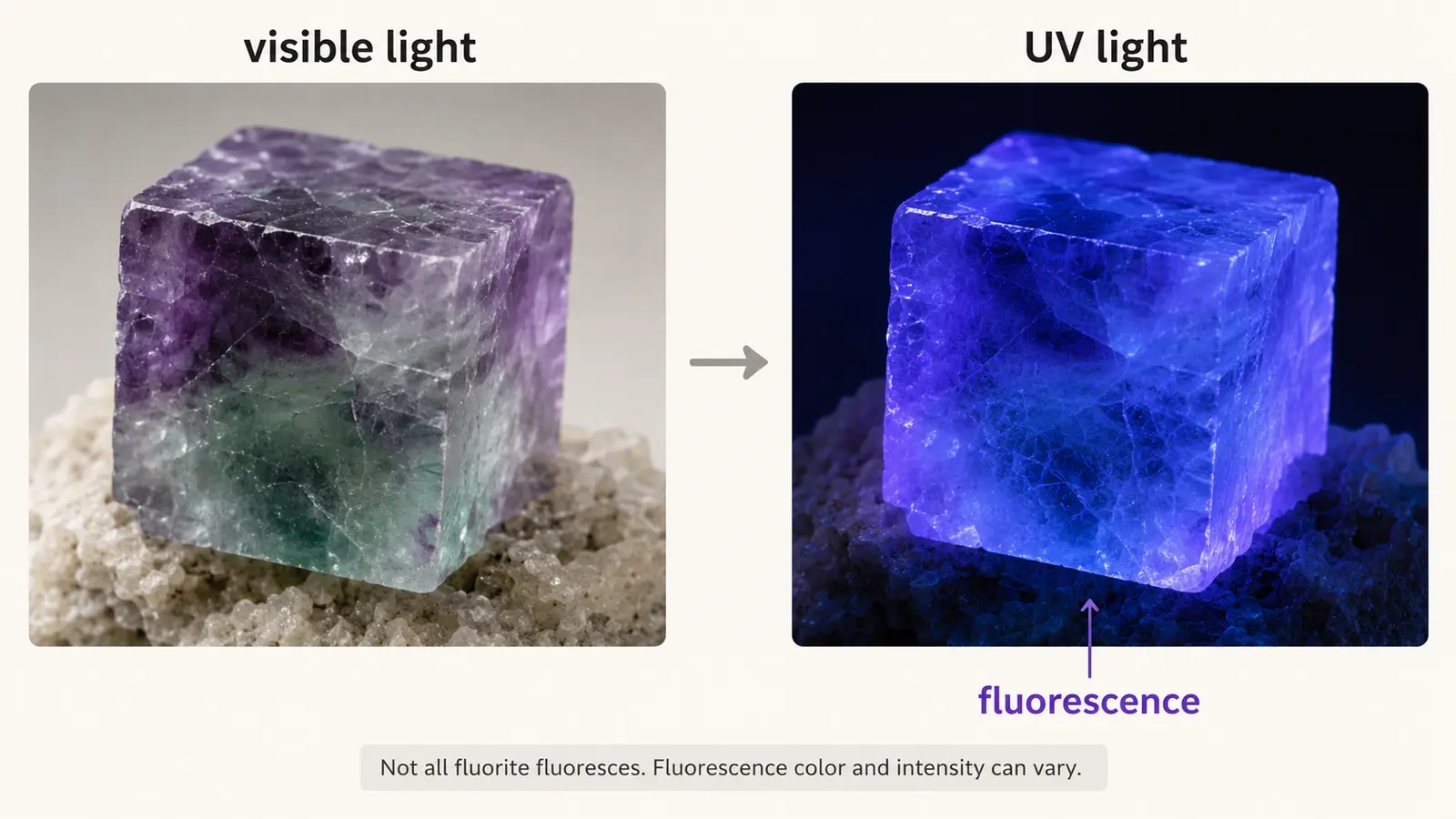蛍石をvisible lightとUV lightで比較しfluorescenceを説明する英語図解