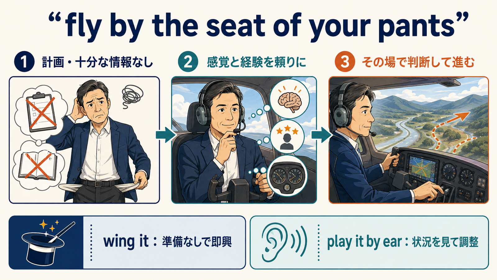 fly by the seat of your pantsの計画なしで感覚と経験を頼りに進むニュアンスとwing it・play it by earの違い