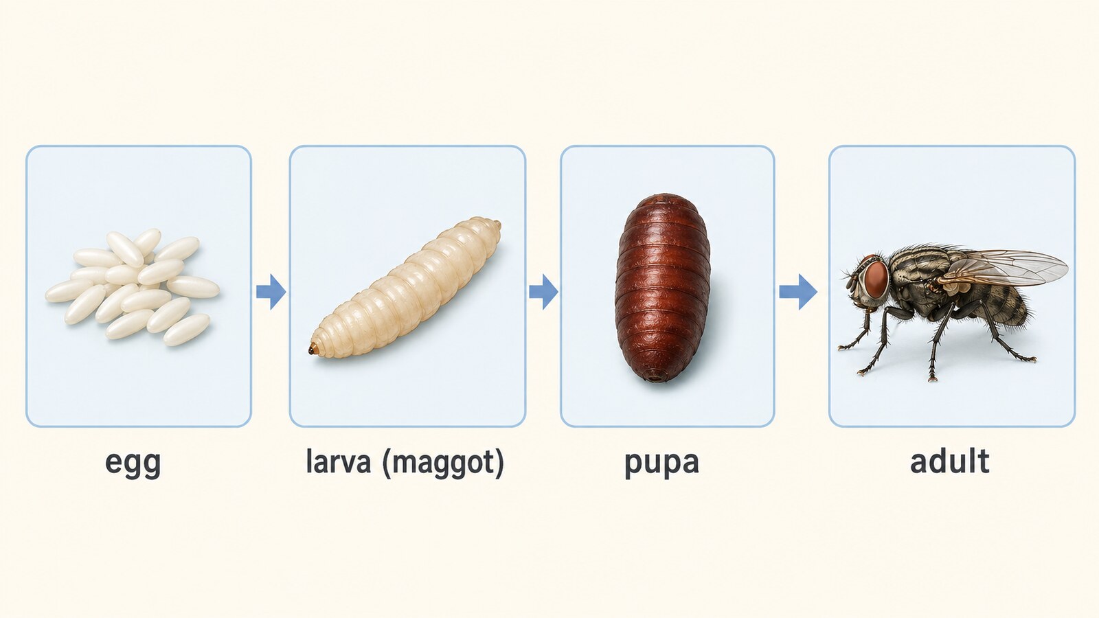 ハエの完全変態：卵、ウジ、蛹、成虫