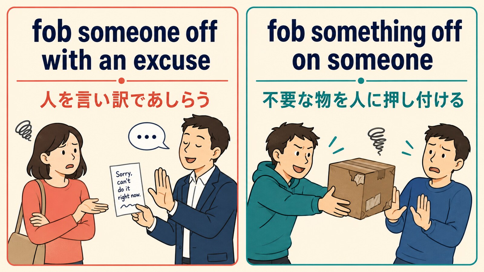 fob someone off withとfob something off on someoneの語順を比較した図