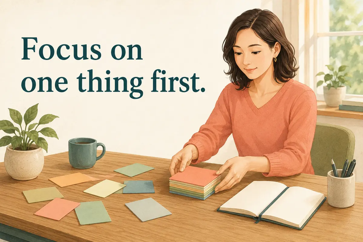 Focus on one thing first. 複数のカードを一つに整理する女性のイラスト