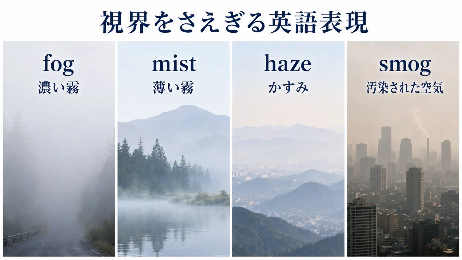 fog・mist・haze・smogによる視界の違いを比較した図