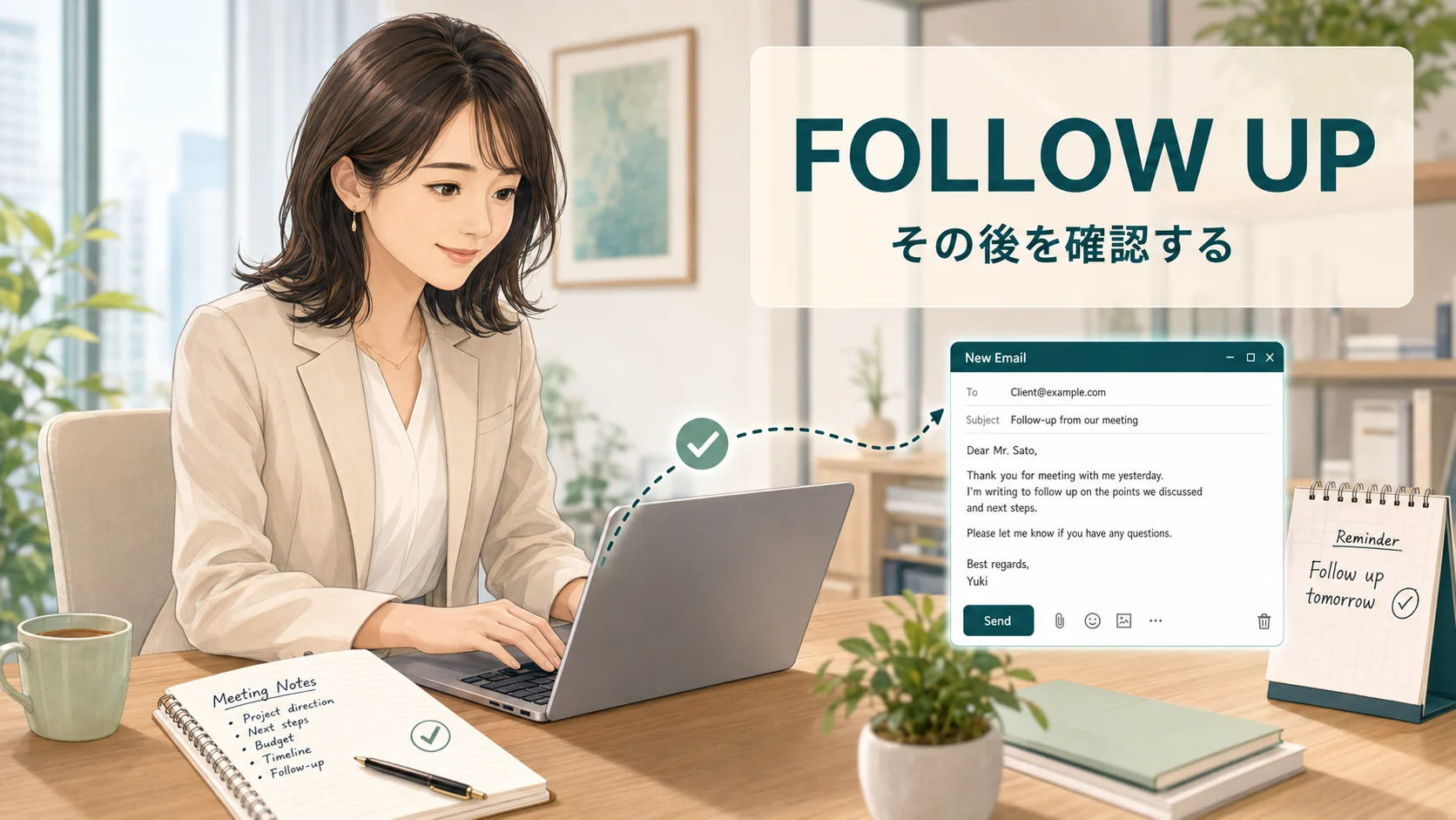 FOLLOW UP「その後を確認する」の意味を表すアイキャッチ