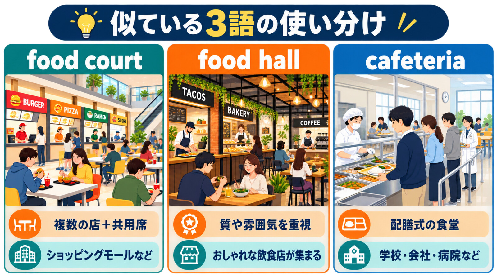 food court・food hall・cafeteriaの違いを日本語で比較した図解