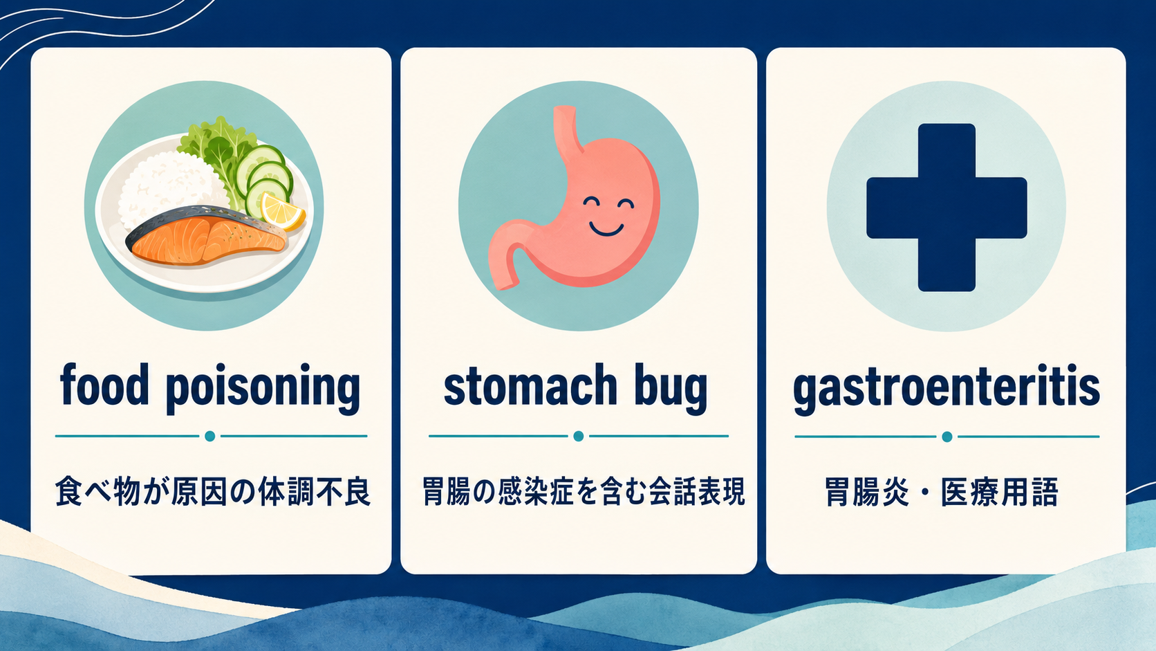 food poisoning、stomach bug、gastroenteritisの意味の違い