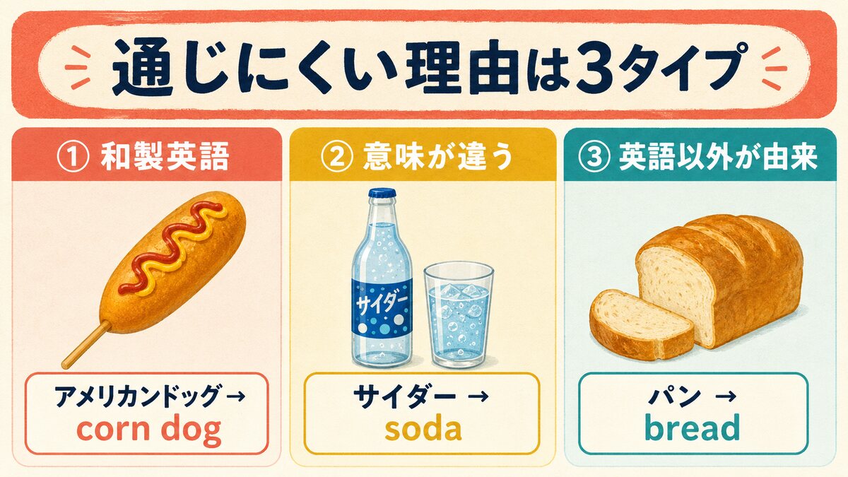食べ物の和製英語が通じにくい3タイプの図解