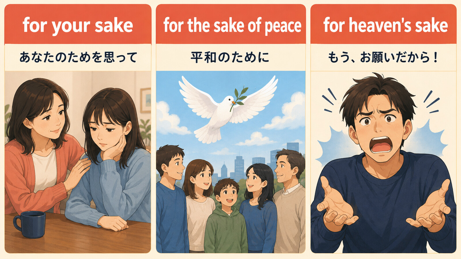 for your sake・for the sake of peace・for heaven's sakeの意味と使い分け