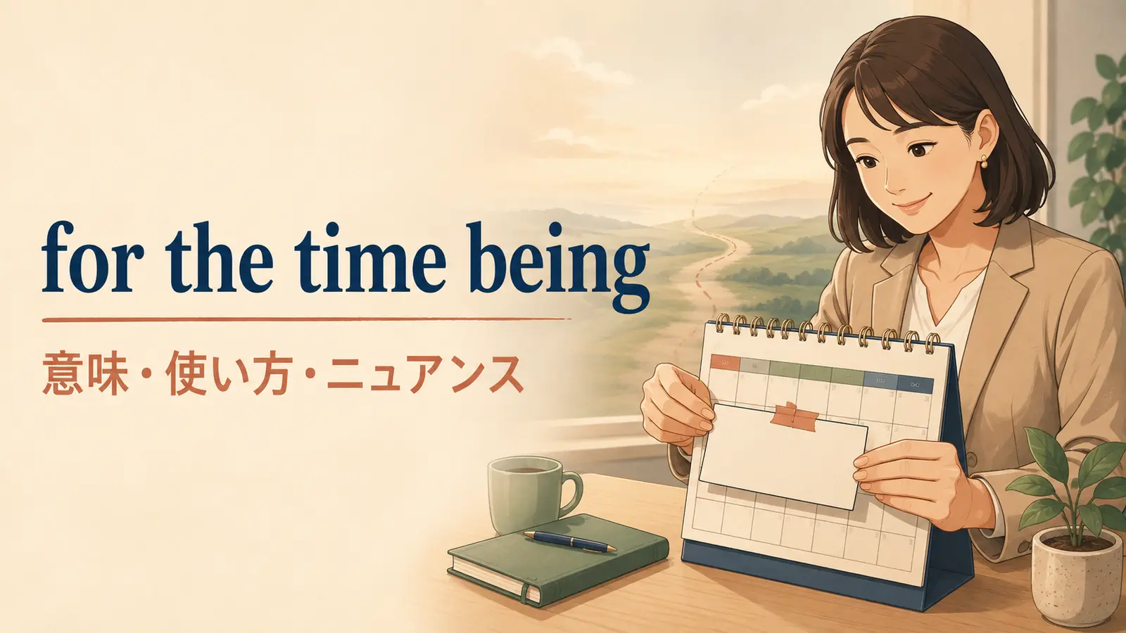 for the time beingの意味・使い方・ニュアンスを解説するアイキャッチ