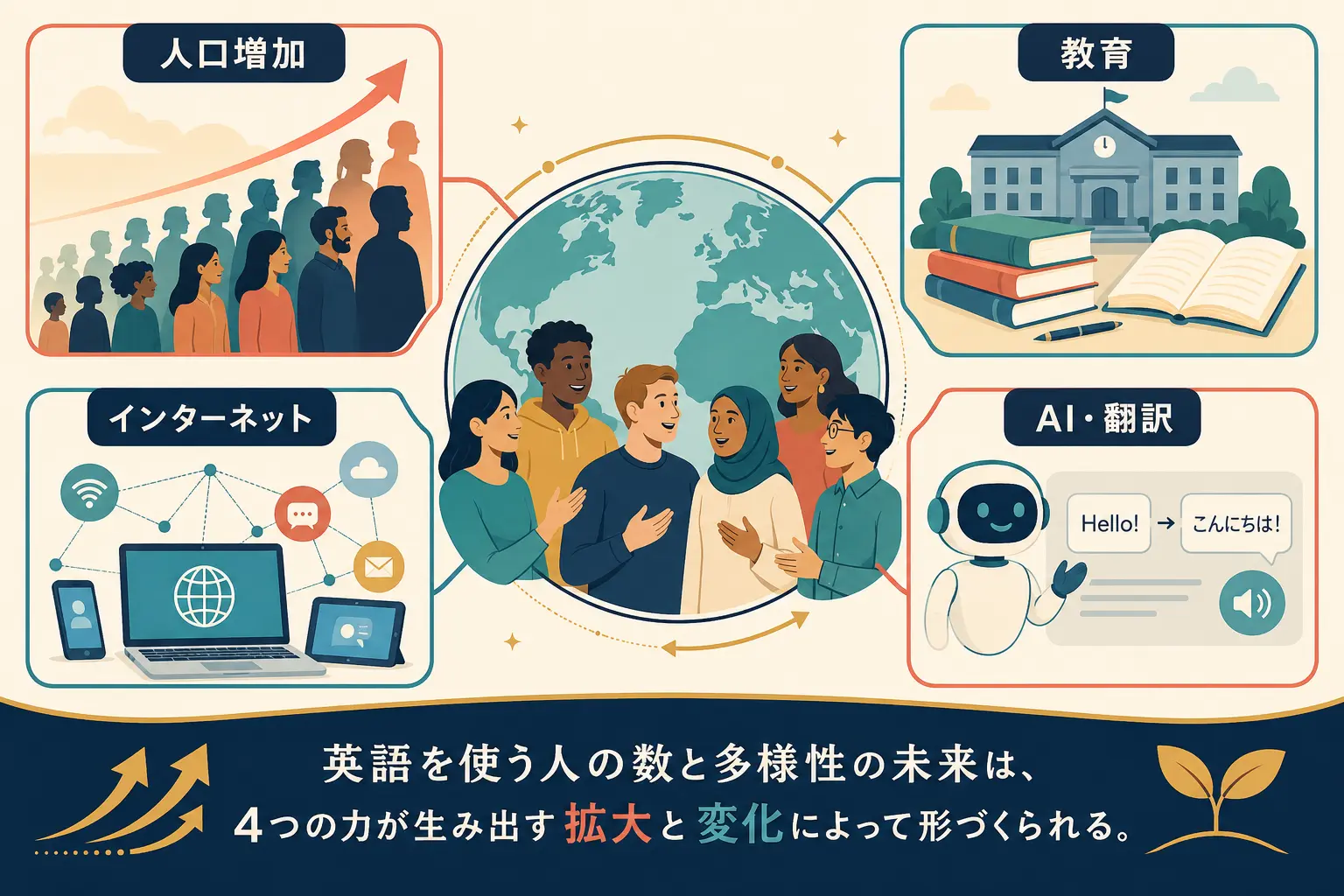 人口増加・教育・インターネット・AI翻訳が英語人口の未来を形づくる図解