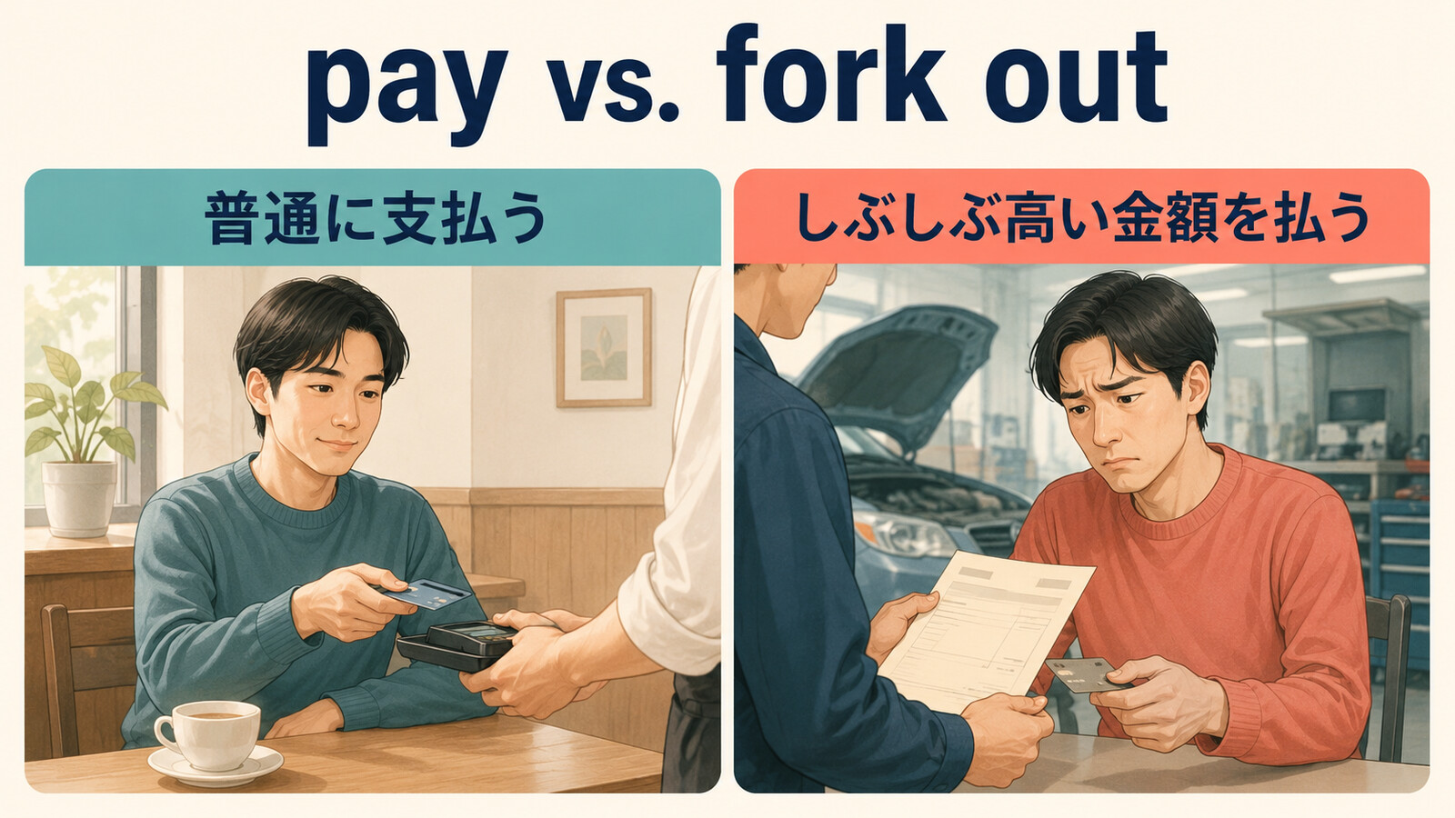 payの普通に支払う意味とfork outのしぶしぶ高額を支払う意味の違いを示す図解