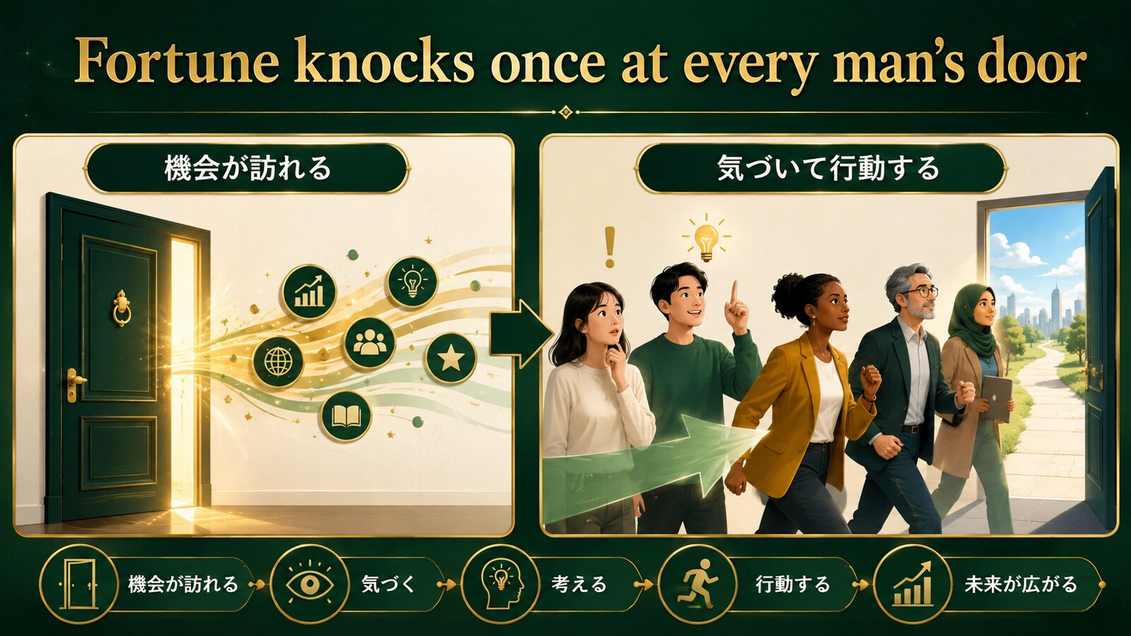 Fortune knocks once at every man’s doorの考え方を示す解説イラスト