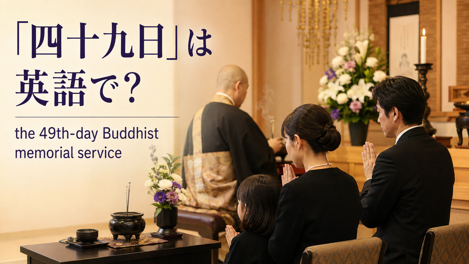 「四十九日」は英語で?the 49th-day Buddhist memorial serviceと紹介するアイキャッチ