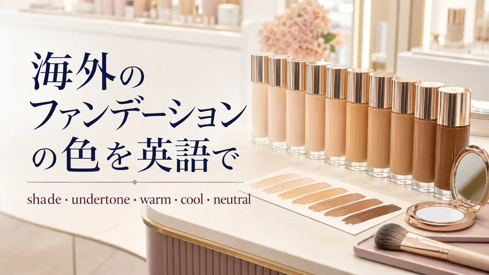 海外のコスメ売り場でファンデーションの色を選ぶイメージ