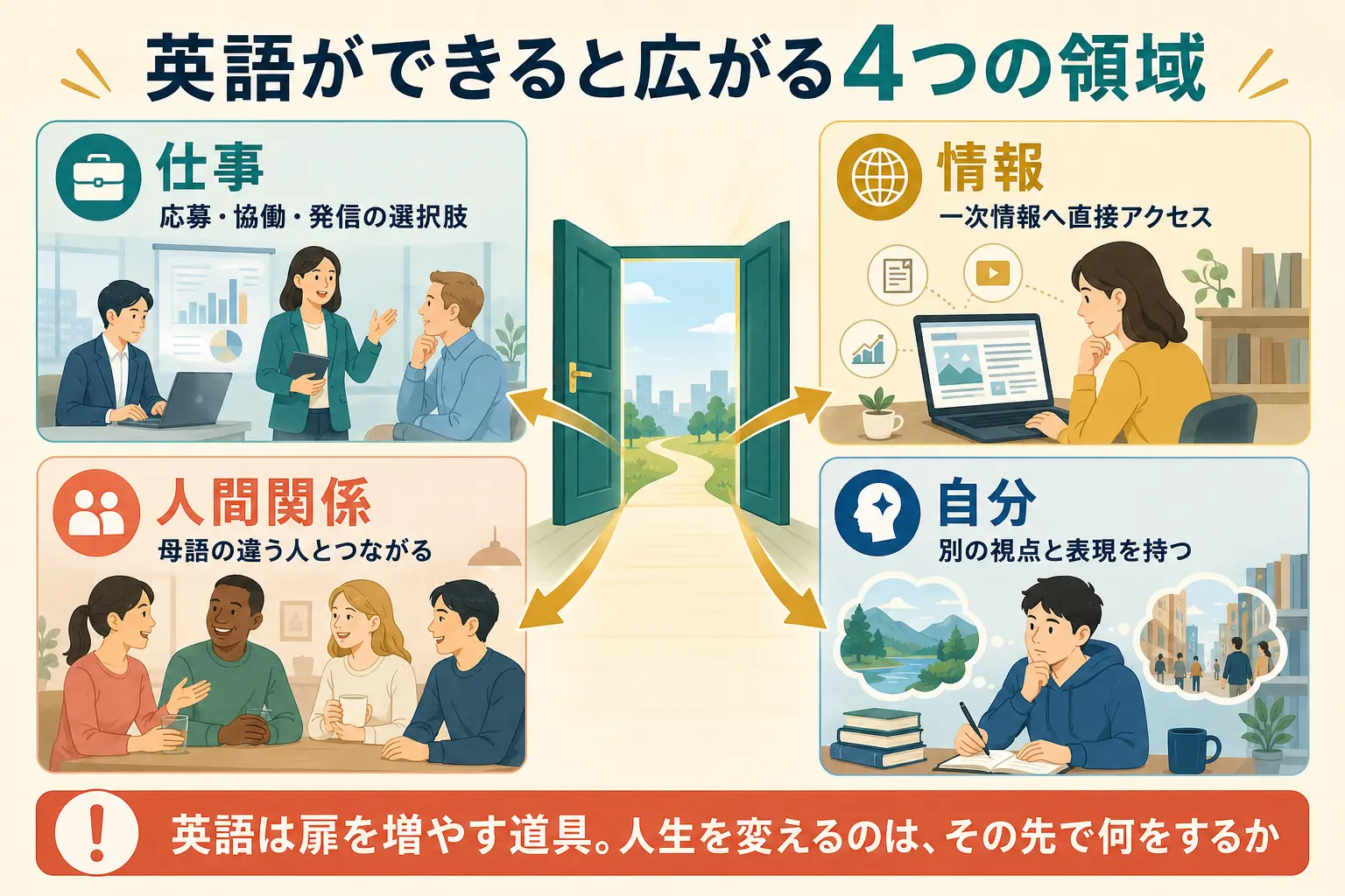 英語によって仕事・情報・人間関係・自分の4領域が広がる図解